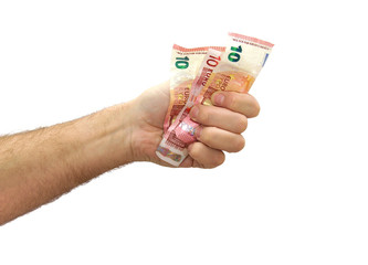 Hand tightening 10 euros banknotes isolated on white background