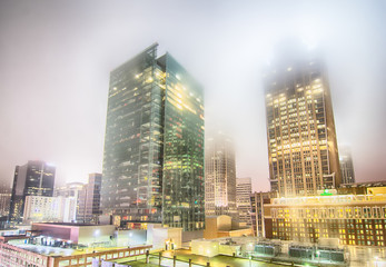 charlotte city skyline night scene in fog