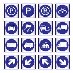 Metallic set blue transport and road signs