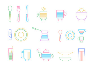 Food and dinnerware set of icons in line vector graphics. Spoon