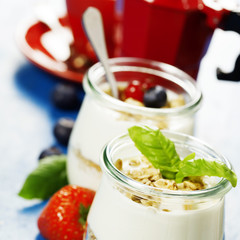 Healthy breakfast - yogurt with muesli and berries - health and
