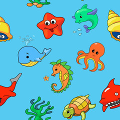 Naklejka na ściany i meble seamless pattern of cartoon sea creatures, vector