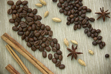coffee and peaberry scattered on table with spices