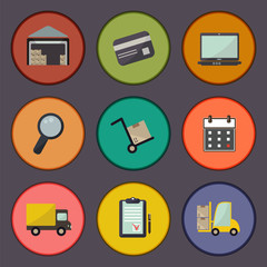 Warehouse transportation and delivery icons flat set