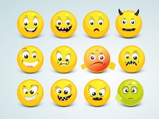 Fototapeta premium Different facial expressions on sky blue background.