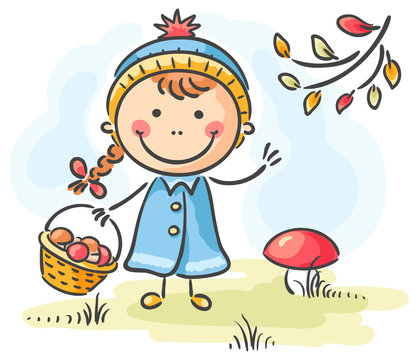 Girl gathering mushrooms in the forest on an autumn day