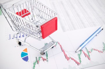 Shopping basket toy on business documents background