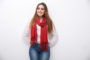 happy woman standing over gray background