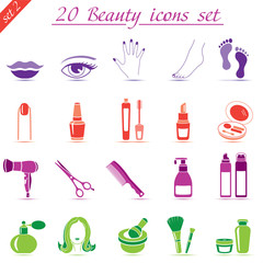 Beauty and makeup icons, vector set of 20 cosmetic signs (set 2)