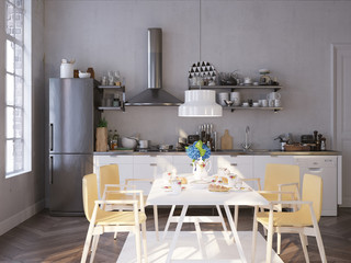 Küche und Esstisch in altem Apartment