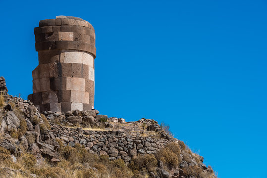 Silustani tombs in the peruvian Andes at Puno Peru