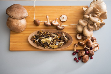 Closeup on mushrooms on cutting board