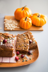 Closeup on freshly baked pumpkin bread with seeds