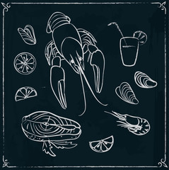 Menu design with seafood on blackboard