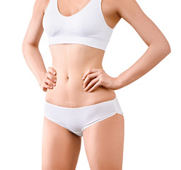 Woman with beautiful slim body posing in underwear on the white
