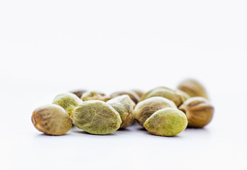 Close view of hemp seeds in a white background