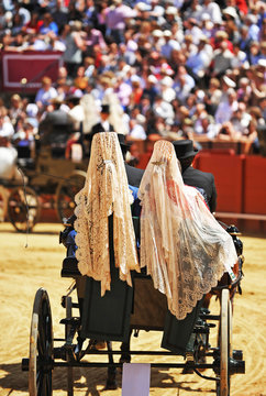 Coche de caballos, mujeres con mantilla, Andalucía, España