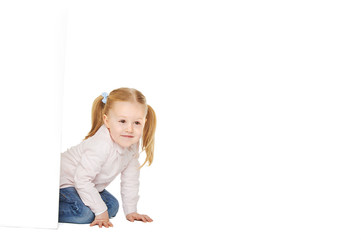 Beautiful little girl with white copy space on a white backgroun