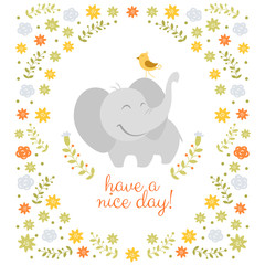 Smiling elephant on floral background