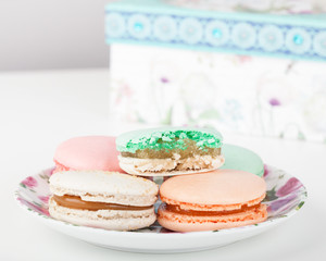Traditional French sweets Macarons and gift container