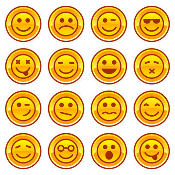 Smiley coins gold icons, signs symbol set