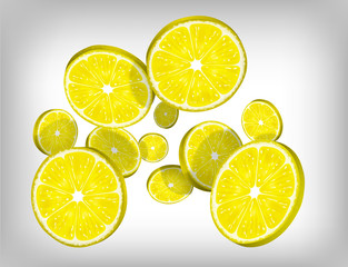 Slices of fresh citric lemon falling and flying