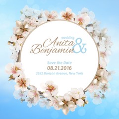 Fototapeta na wymiar invitation to the wedding. Blooming Sakura on sky background.