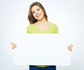 smiling woman holding white  sign board.