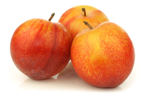 red and yellow plums on a white background