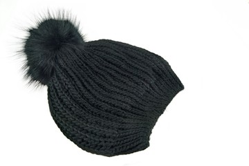 Black Knitted Wool Winter Ski Hat with Pom Pom