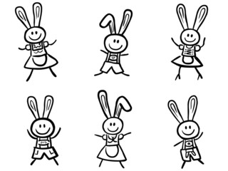 Set: 6 lustige Osterhasen, handgezeichnet, Vektor, schwarz, weiß
