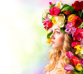 Spring portrait - hat of flowers - obrazy, fototapety, plakaty