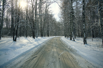 Obraz premium Winter road in snowy forest landscape