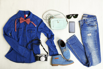 Still life of casual woman. Woman clothes and accessories