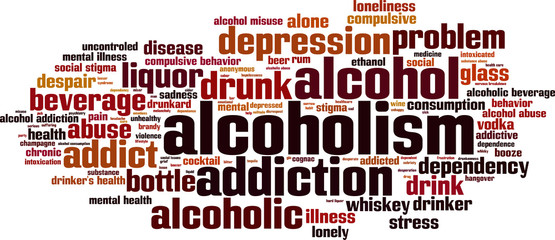 Alcoholism word cloud concept. Vector illustration