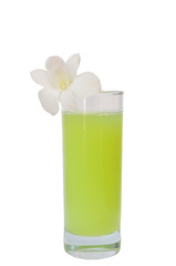 Glass of guava juice with white plumeria