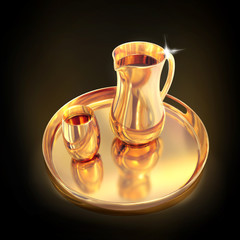 Golden pitcher on a tray. Black  background