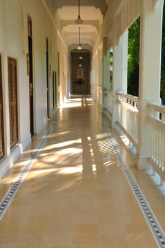 Resident corridor and wooden fence next to garden.