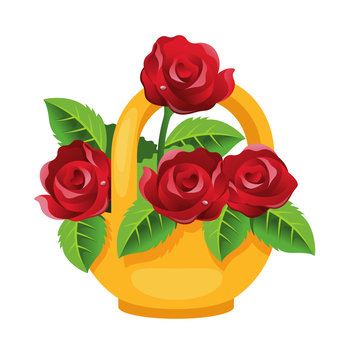 Basket with bunch of roses. Vector illustration