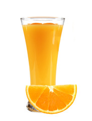orange juice with slices of orange in the glass isolated on whit