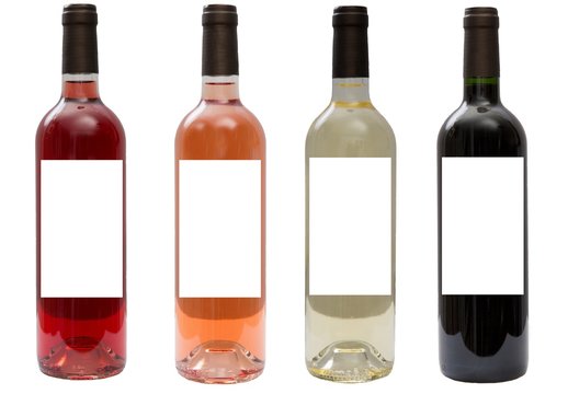 White, rose, and red wine bottles set isolated
