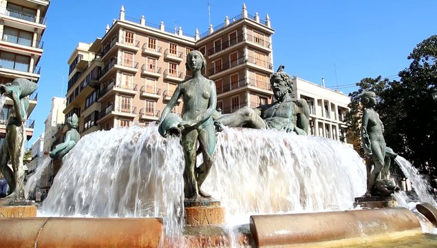 Turia Fountain in the Plaza de la Virgen in Valencia, Spain.