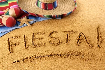Poster Fiesta beach writing word written in sand on a mexican beach mexico cinco de mayo holiday photo © david_franklin