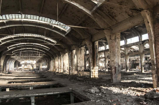 Old abandoned decayed grunge hall of vintage railway plant