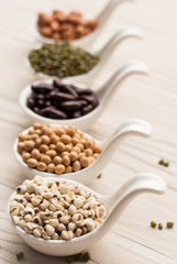collection set of beans, legumes, peas, lentils on ceramic spoon