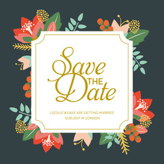 Save the date card with a white frame and flowers.