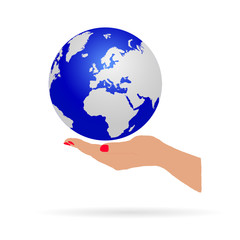 woman hand holding earth vector illustration