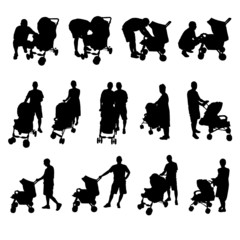 mother and father with baby stroller silhouette