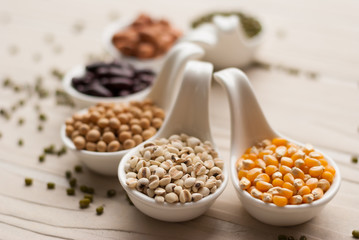 Different kinds of bean seeds, lentil, peas in dish on wooden ta