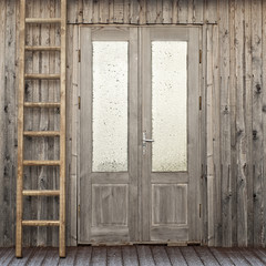 door with frosty window of plank house